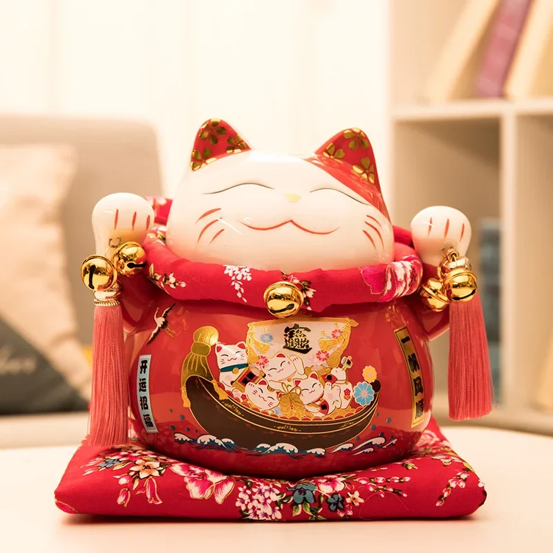7 inch Ceramic Lucky Cat Statue Maneki Neko Porcelain Fortune Cats Figure Money Bank Feng Shui Decor Ornament Home Centerpiece view 3