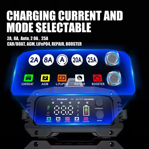 FOXSUR 25A Smart Car Battery Charger 12V/25A 24V/15A Portable Battery Charger for Lead Acid Battery,Lithium iron battery,GEL,AGM