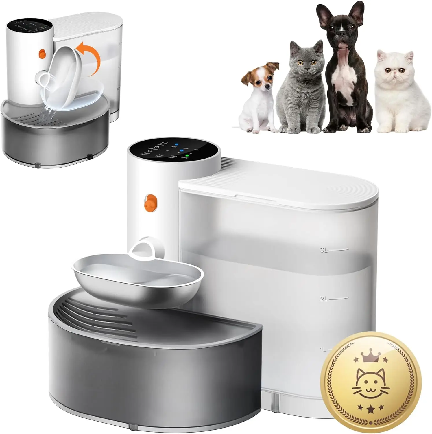 

Smart Wireless Pet Water Fountain, Stainless Steel Bowl, No Filter, 3.5L Large Capacity, Rechargeable Automatic Water