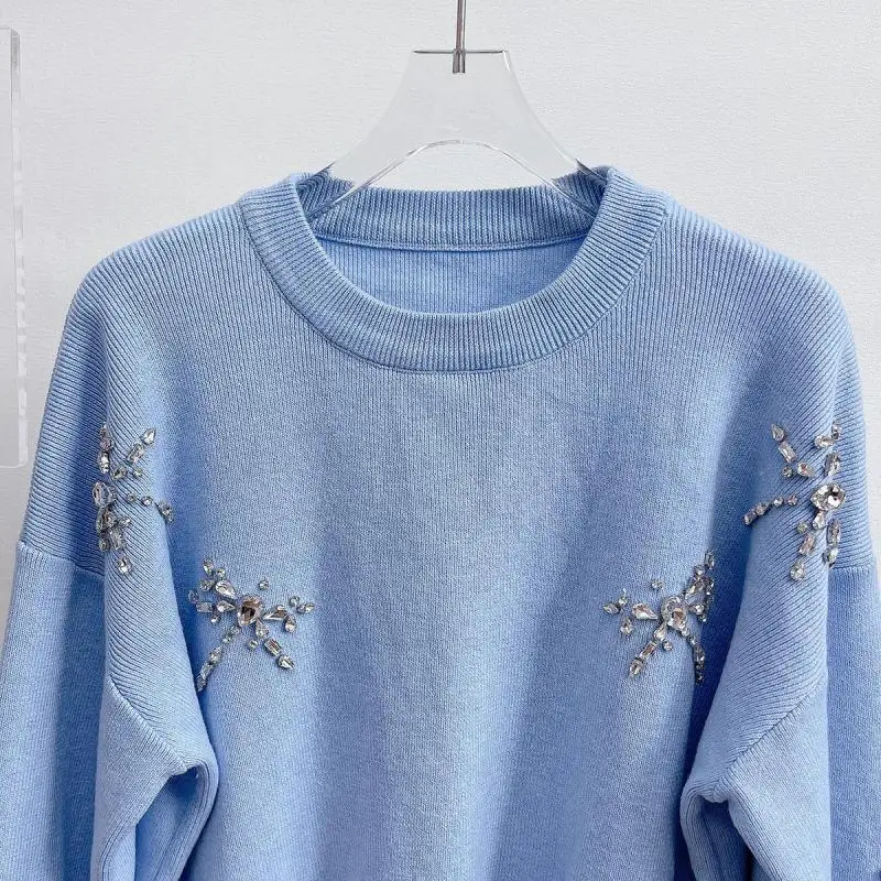 Brand Fashion Diamonds Beading Warm Thick Women Pullovers Sweaters Oversized Knitwear Long Sleeve Tops 2024 Spring