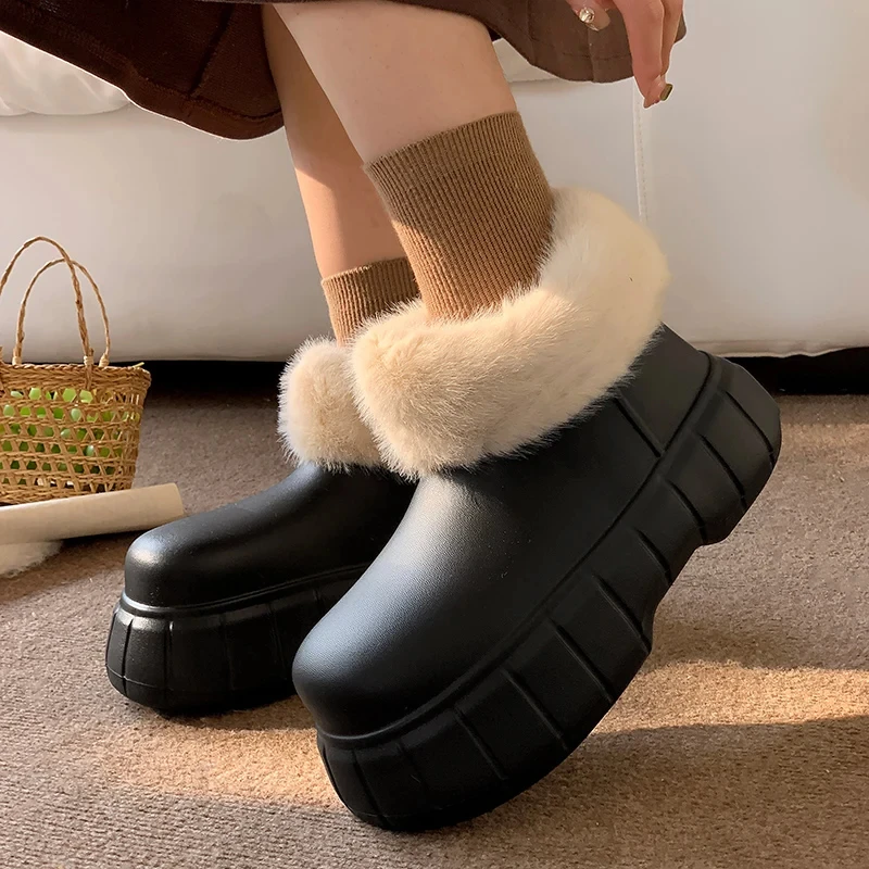 Waterproof Warm Snow Boots Women Winter Faux Fur Chunky Platform Ankle Boots Woman Round Toe Thicken Plush Chelsea Botas Mujer