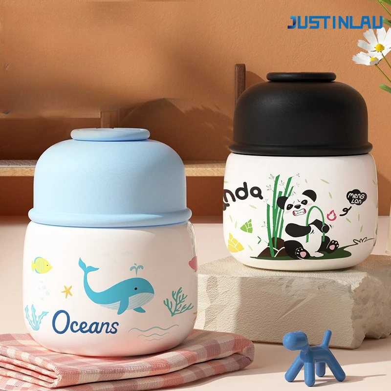 JUSTINLAU 500 ml Cartoon Mini Vakuumbecher 316 Edelstahl + PP Lunchbox Lebensmittelbehälter Lebensmittelbehälter Bento Lunchbox Lunchtasche