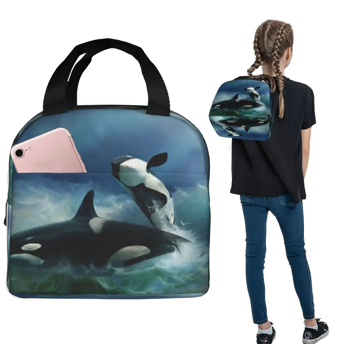 

Parent-Child Orca In Bule Background Insulated Lunch Bag for Women Kids Leakproof Food Boxes Thermal Lunch Box Tote
