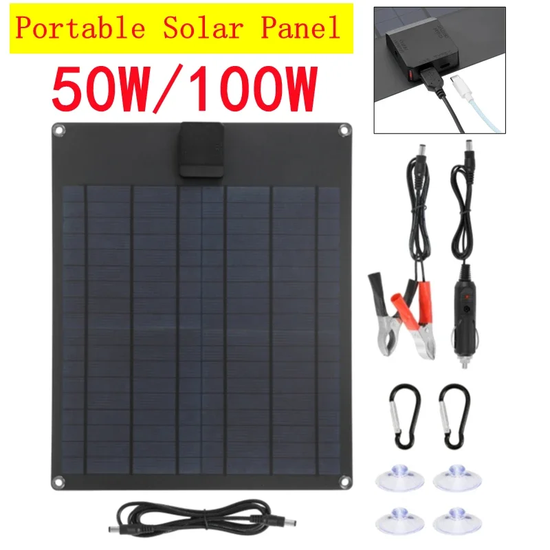 50W/100W Portable Solar Panel USB Outdoor Mobile Power DIY Travel Cell Phone Charger Car Yacht 12V18V Battery Pack Power Panel