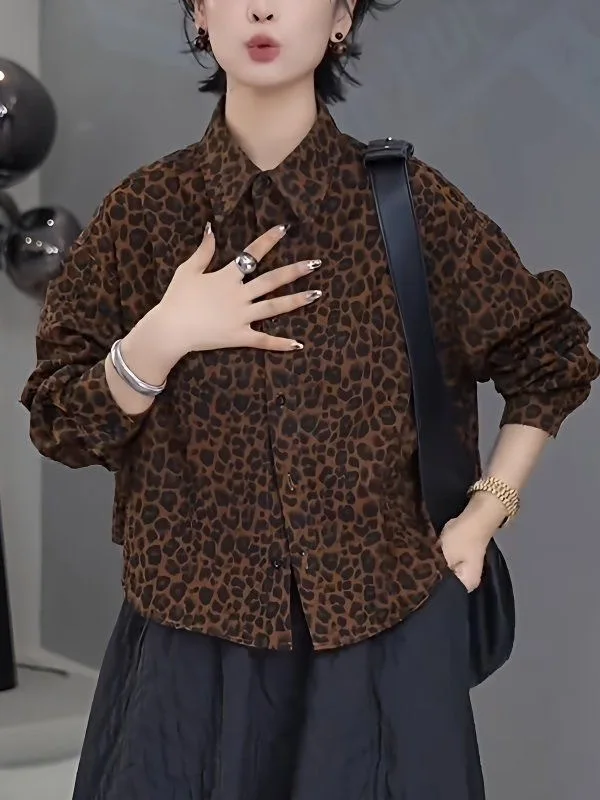 

Модная женская рубашка с леопардовым принтом, свободного кроя, с длинным рукавом, универсальный топ, стройнящий силуэт, новинка ранней осени, повседневный стиль, полиэстер
