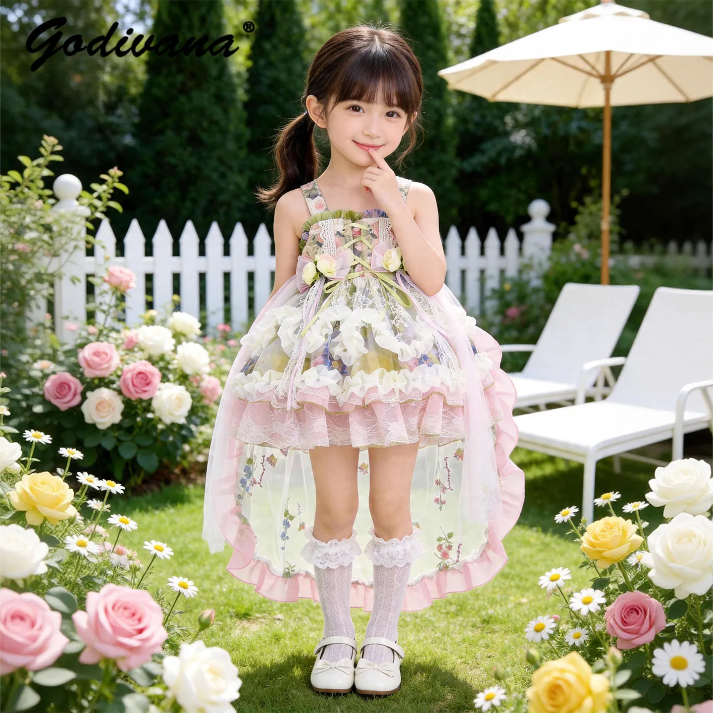Sweet Baby Girls Lolita Princess Cake Dress 2026 Summer Kids 3D Floral Print Ruffle Trim Lace Embroidery Bow Train Slip Dresses