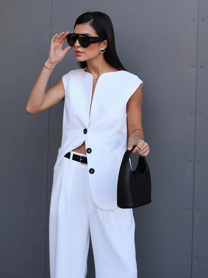 Marthaqiqi Summer Female Pajama Suit Sexy V-Neck Sleepwear Sleeveless Nightgown Wide Leg Pants White Fashion Women Nightwear Set