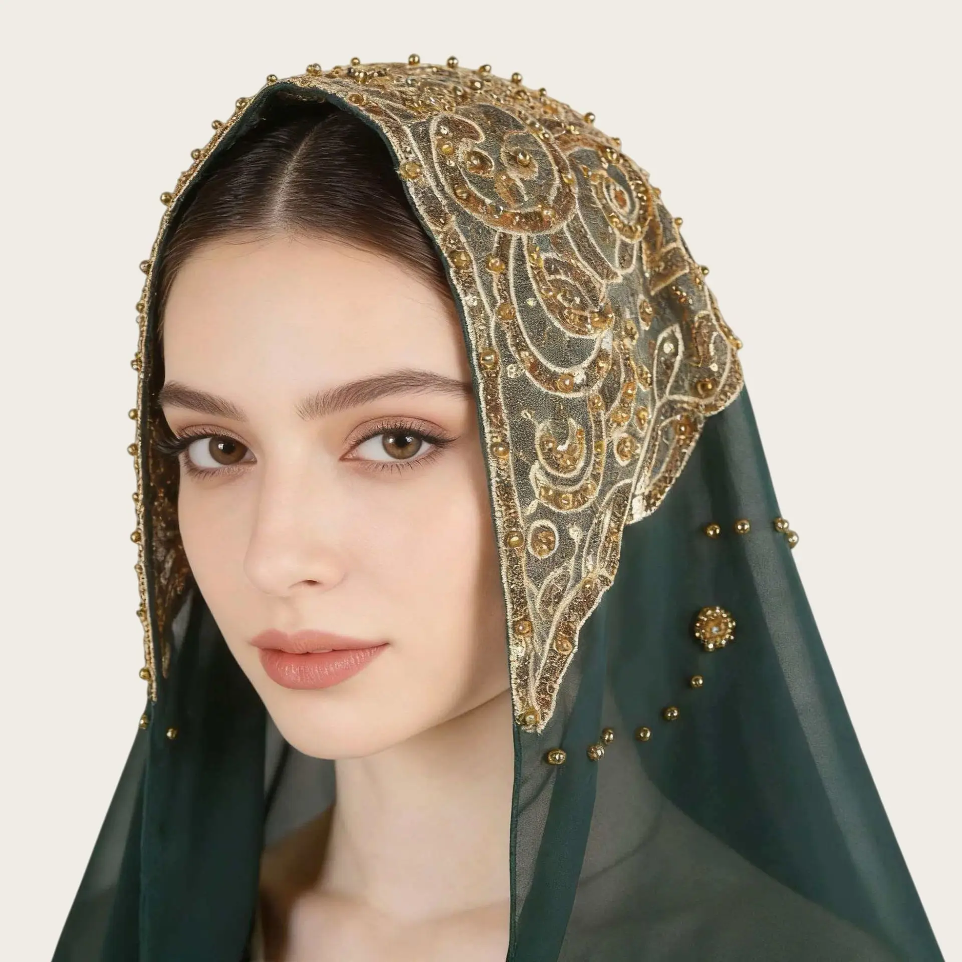 

Muslim Fashion Shawl Beaded Hijab Scarf Popular Chiffon Islamic Headscarf Easy Pull On Ethnic Head Wrap Southeast Asian H3