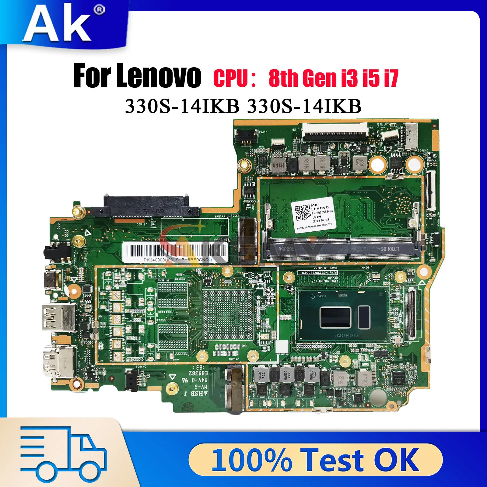 With I3 I5 I7 8th Gen CPU 4GB RAM 330S-14IKB Laptop Motherboard For Lenovo Ideapad 330S-14IKB 100% Fully Tested
