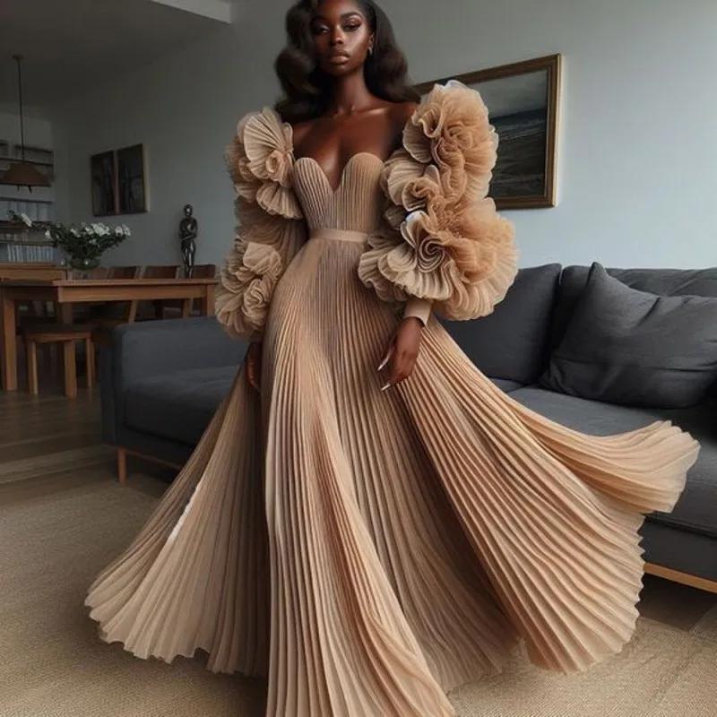 Pretty Champagne Pleated A-line Long Evening Dresses Ruffles Floral Puff Sleeves Modest Formal Party Dresses African Maxi Gowns