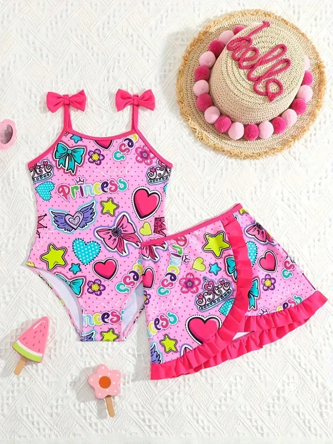 Children's Clothing Set with Bow Strap, Round Neck Pattern Print, Waist Cinching Top + Elastic Waist Pattern Print, Half Skirt S