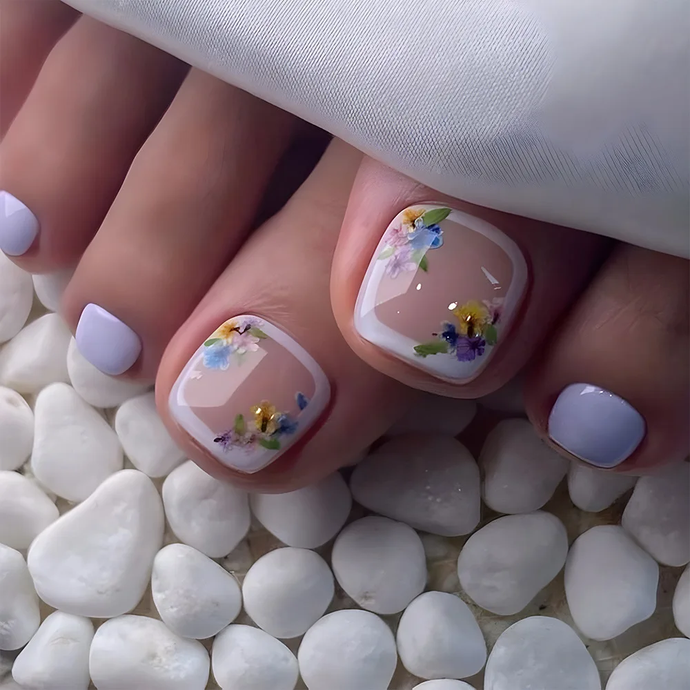 

24Pcs Short Square Head Press on Fake Toenails Colorful Flower with Design False Nails Reusable Artificial Full Cover Nails Tips