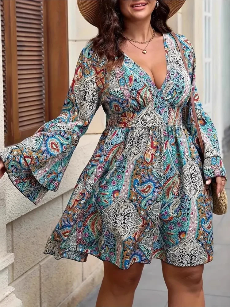 Plus Size Herfst Jurk Vrouwen Bloemenprint Mode Ruche Geplooide Losse Dames Jurken V-hals Hoge Taille Vrouw Mini Jurk