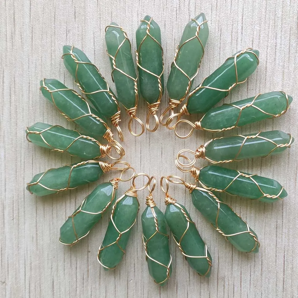 

Natural green aventurine handmade gold color wire pillar shape pendants for jewelry making free shipping Wholesale 24pcs/lot