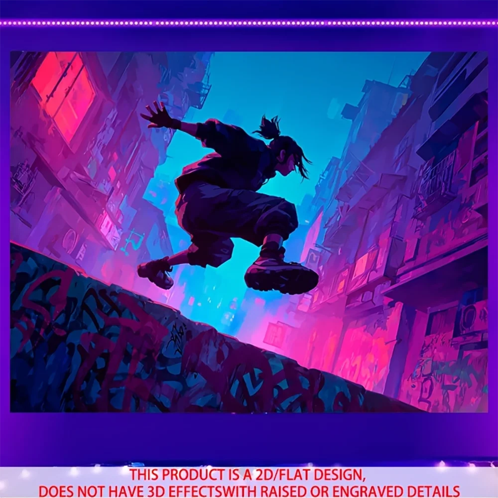 1pc  Cyberpunk City Parkour Boy Wall Tapestry, Neon Synthwave Cityscape Hanging Decor for Bedroom Living Room Dorm