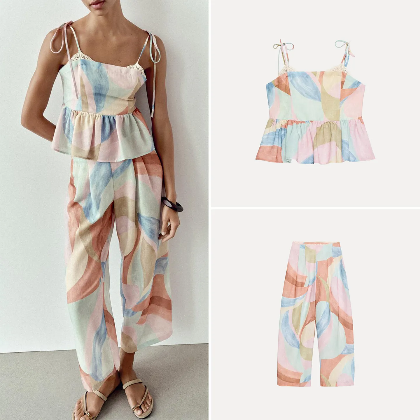 

Women's Fashion Summer Outfit Floral Print Short Top with Bow Tie High Waist Pleated Wide Leg Pants Two Piece Set Zadata Brand