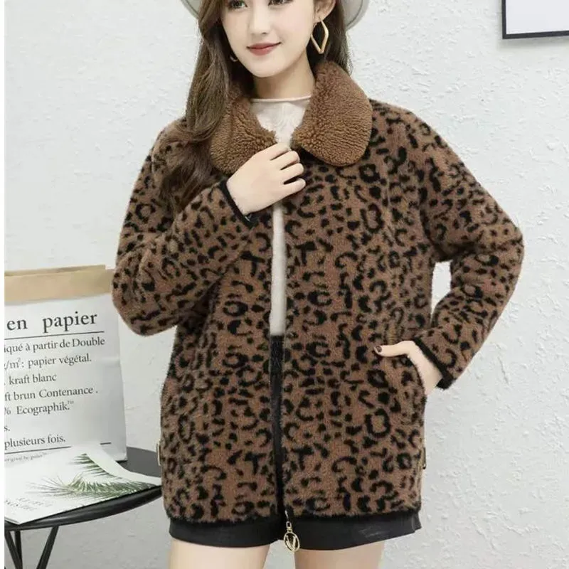 

Middle Aged Mom Faux Mink Velvet Coat Women Autumn Winter Jacket Casual Loose Zipper Hooded Leopard Print Outwear Female H3234