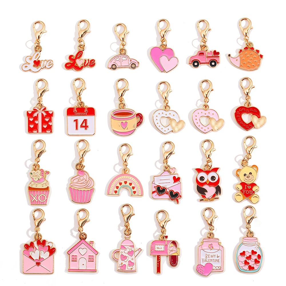 10Pcs/Set 24 Styles Valentine's Day Alloy Charms Pink Love Bear Owl Heart Pendants DIY Keychain Jewelry Making Accessories Gifts