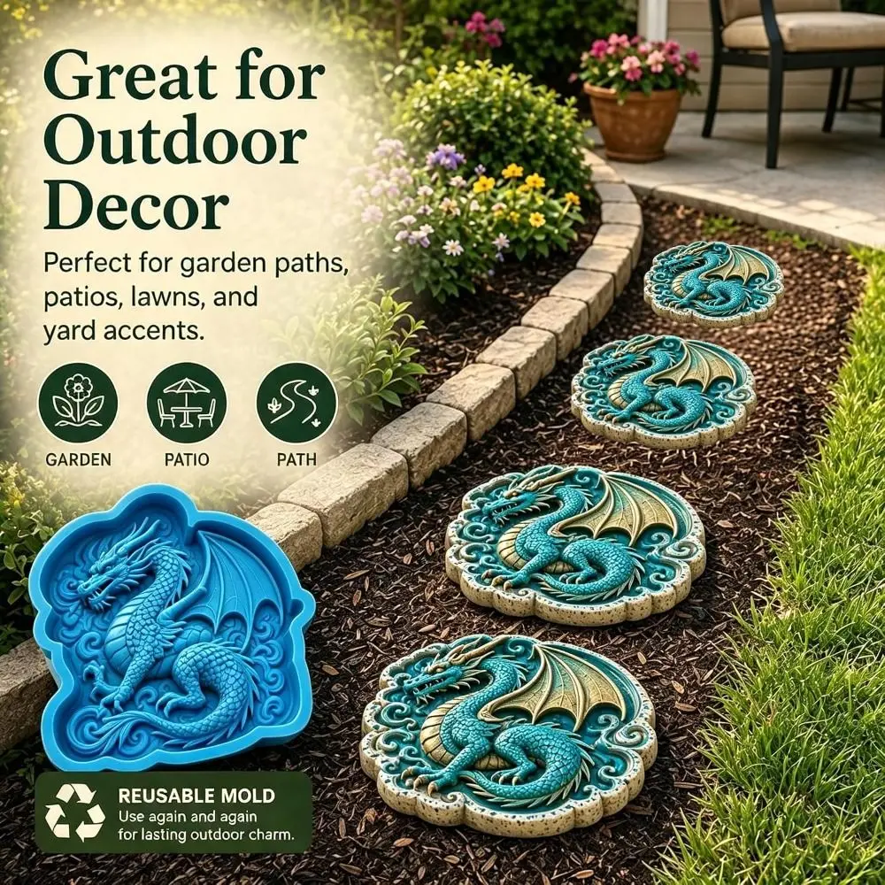 DIY Silicone Stepping Stone Mold Dragon Shape Cement Casting Concrete Paver Form Reusable Paving Brick Mould Patio Walkway
