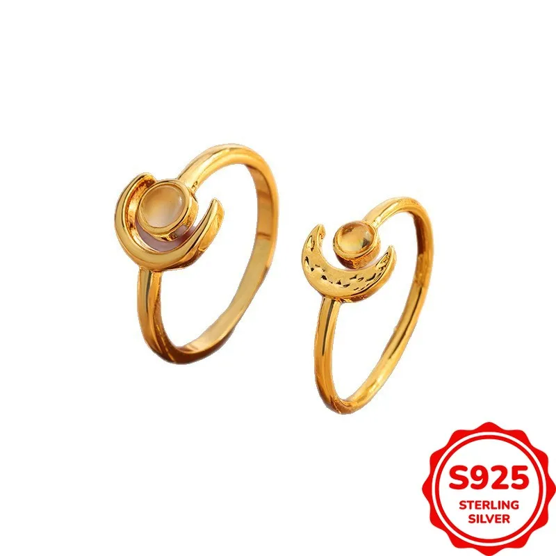 Fashionable and Versatile Authentic S925 Silver Yellow Ancient Moon Ladies Stacking Ring