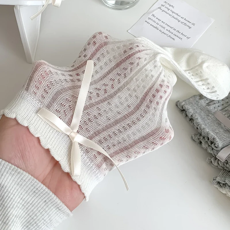 Calcetines cortos de algodón para mujer, medias básicas de Color sólido con lazo, estilo coreano, 3 pares