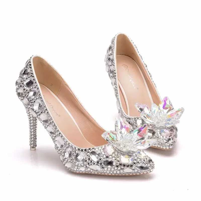 Zapatos de tacón fino con diamantes de imitación para mujer, calzado de boda con diamantes de imitación, cristales, flores, punta estrecha, 9CM, gran oferta