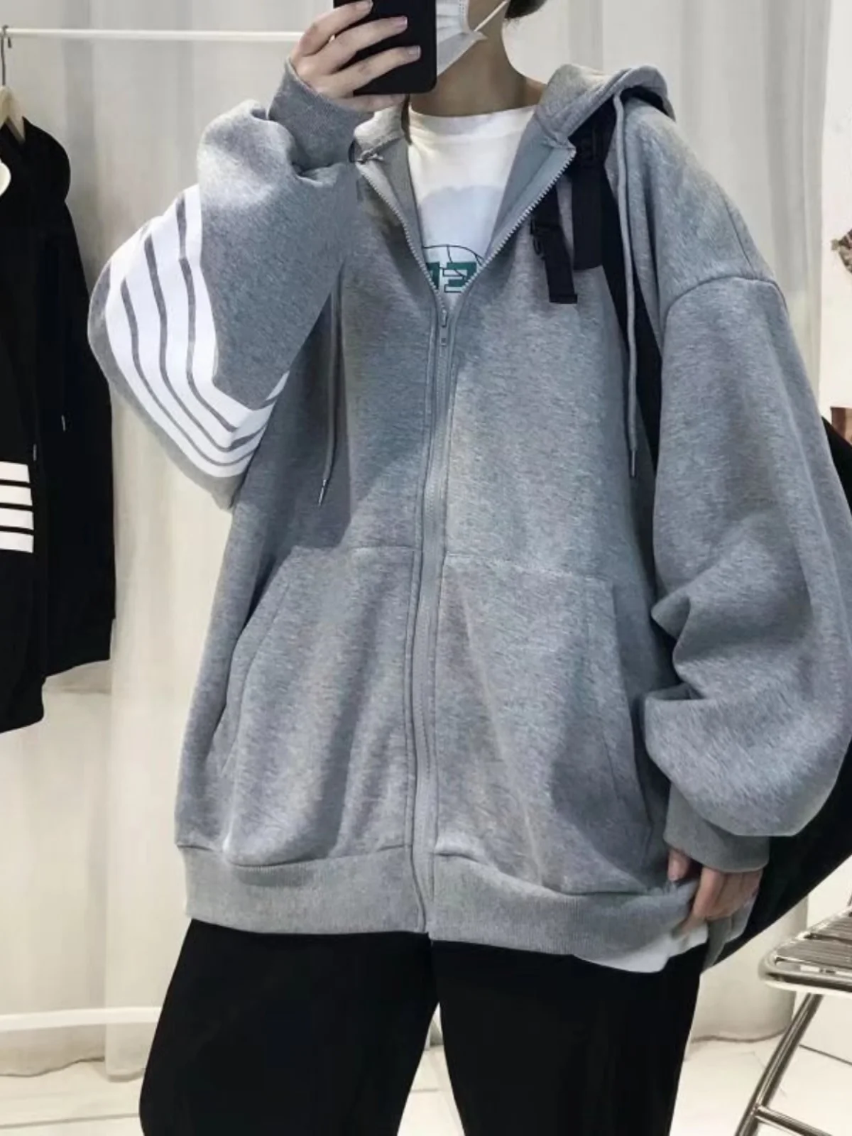 

Loose Men's Hoodie Spring Autumn Korean Sle Four Stripe Student Casual Open Cardigan Color Outerwear Top for Men