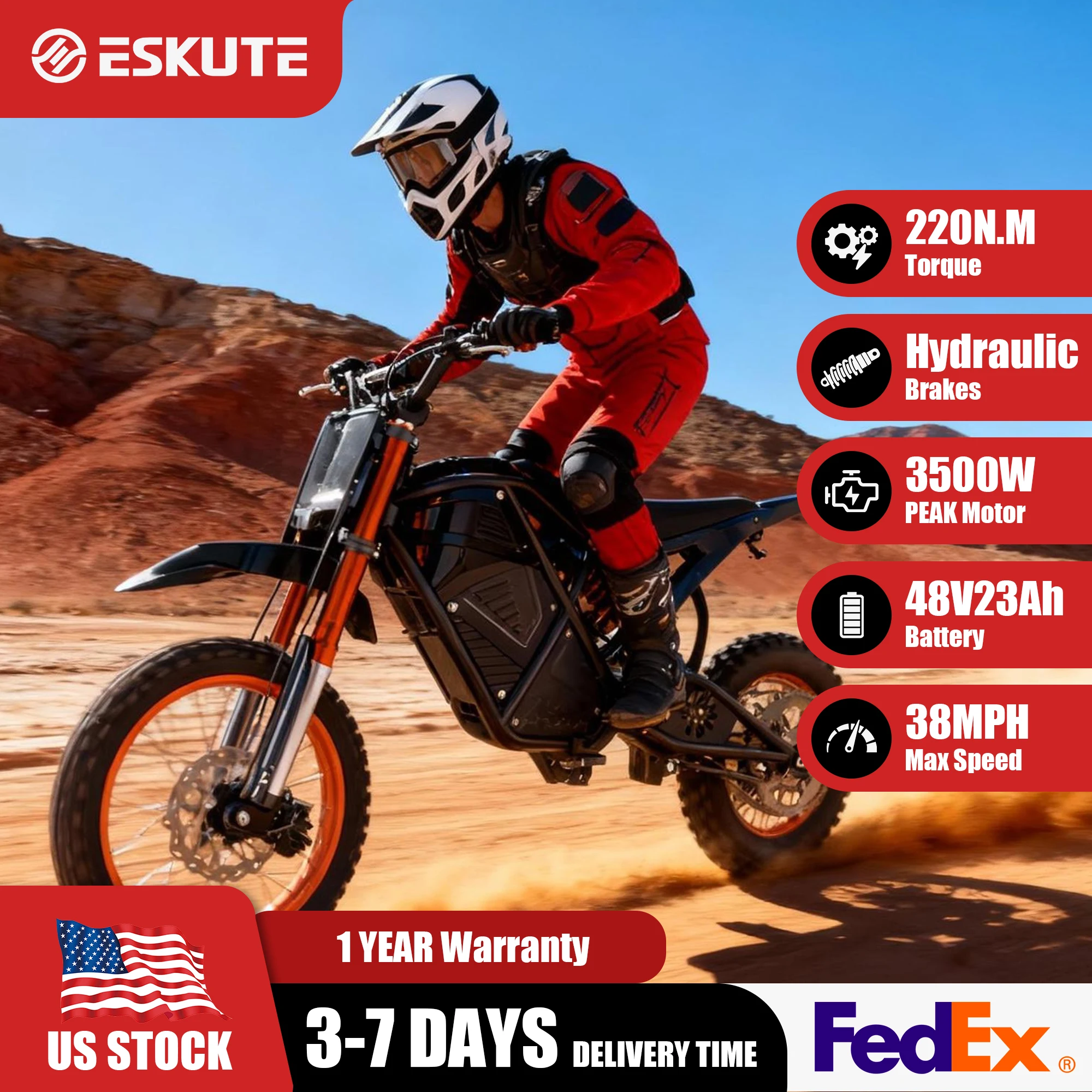 

Электрический мини-мотоцикл Eskute для подростков и взрослых, с широкими шинами 14"/12", мощностью 3500 Вт, аккумулятор 48В23Ач, скорость до 38 миль/ч