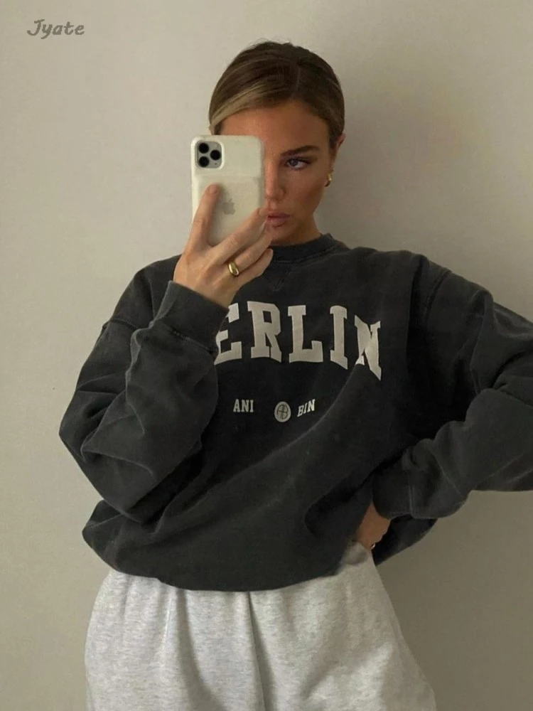 

Autumn Winter New Letter BERLIN Print Sweatshirts Cotton Black Grey Loose Tops Women Round Neck Sporty Fashion Retro Pullovers