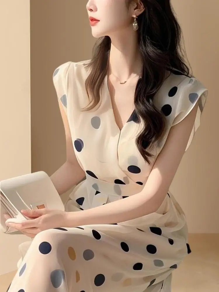 High-End Faion Summer 2025 New V-Ne Chiffon Women's Dr Formal Ocn Polka Dot High Waist Ele Wedding Gown