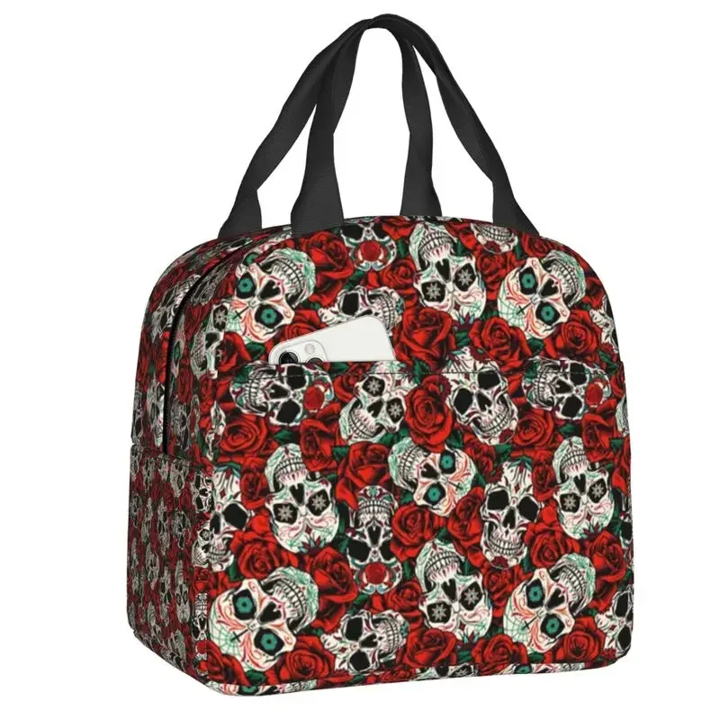 Sugar Skull And Roses Flowers Lunch Bag Women Thermal Cooler Insulated  Container for Student School Work Food Tote Bags