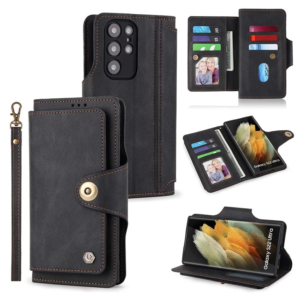 

Luxury Oil Edge Wrist Strap Wallet Leather Case for Galaxy S22 S21 FE A12 A13 A23 A32 A33 A52 A53 A73 Magnetic Buckle Flip Cover