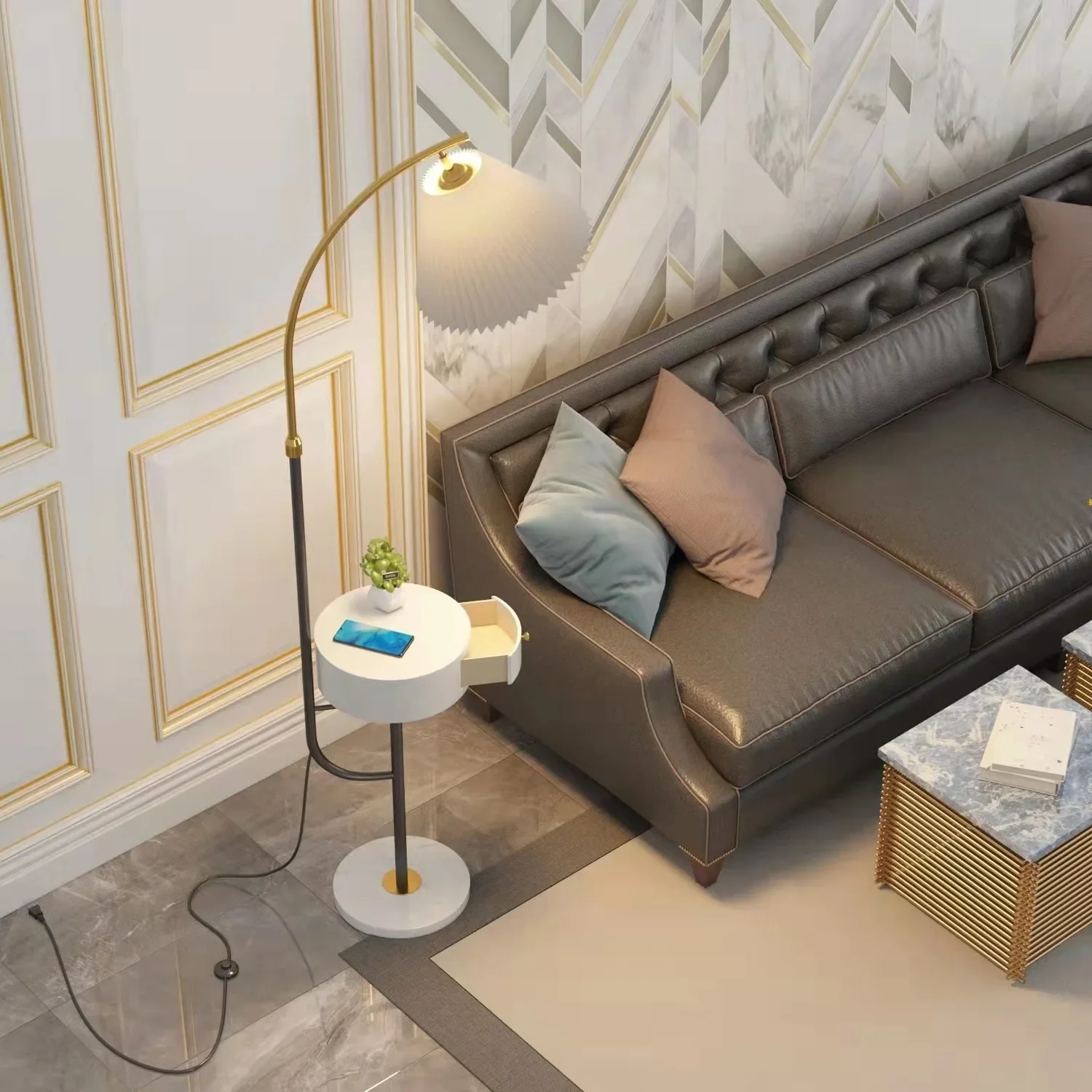 

Напольная Лампа для гостиной, дивана, прикроватный столик, скандинавский журнальный столик с беспроводной зарядкой и ящиками, искусственная кожа, роскошная плиссировка