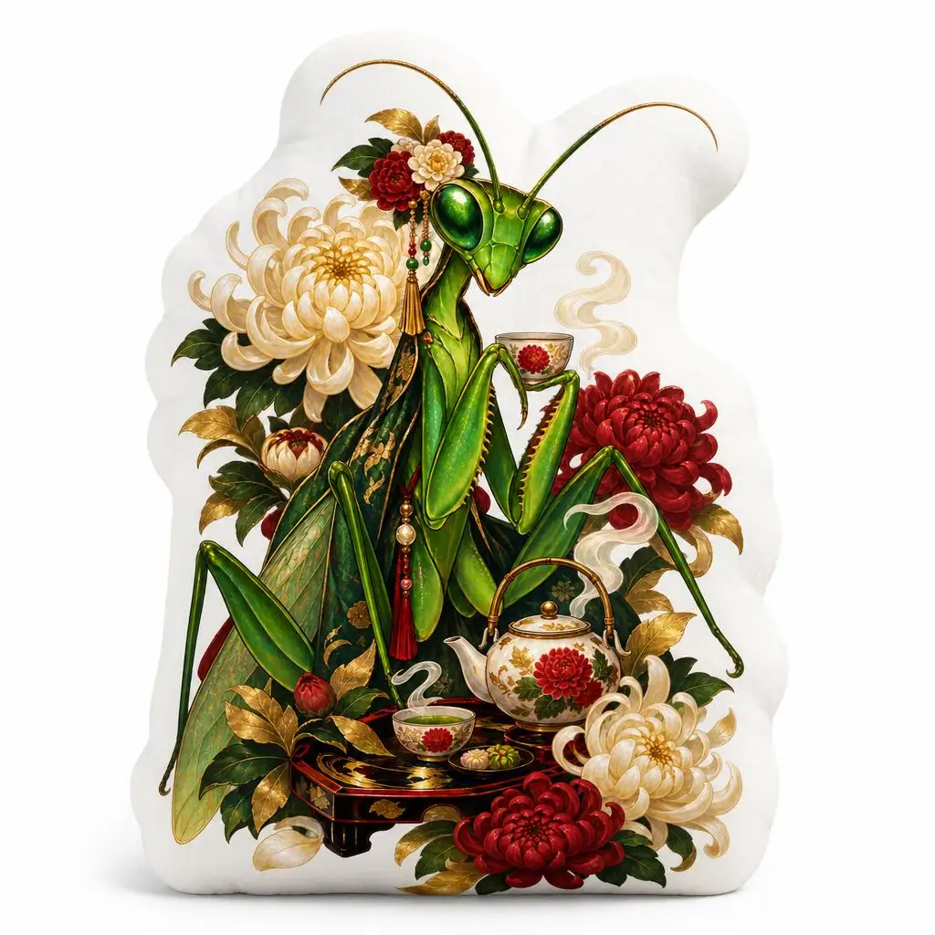 Praying Mantis Tea Ceremony Throw Pillow Floral Insect Cushion Irregular Stuffed Decorative Pillow for Home Decor Gift Sofa