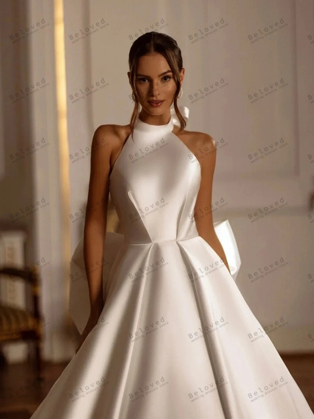 Graciosa vestidos de casamento de luxo vestidos de noiva a linha roupões de cetim halter pescoço roupões para festa formal vestidos de novia personalizado