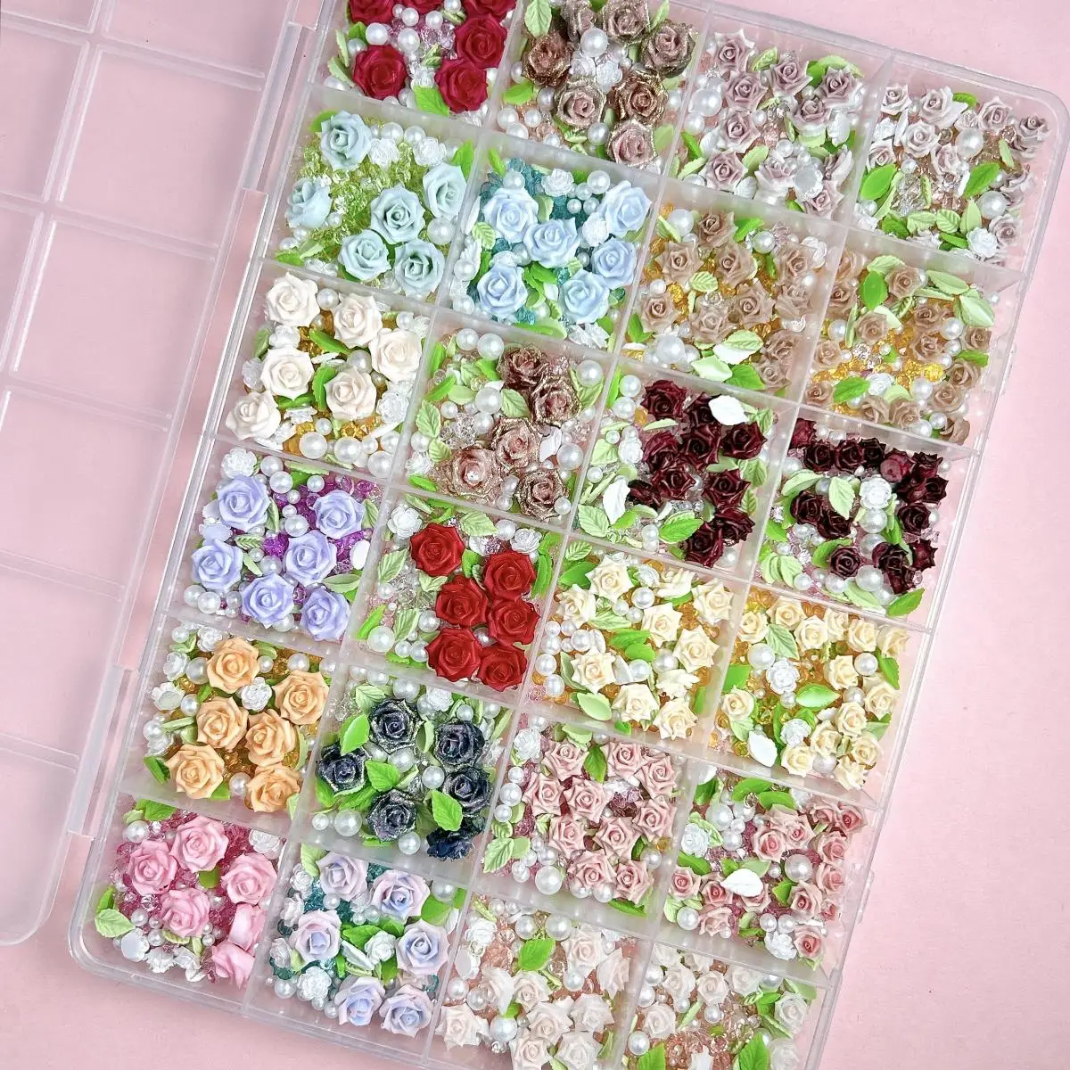 1Box Colorful Soft Rose Camellia Resin Nail Charms Simulated Artificial Pearl Green Leaf Flowers Mixed Nail Art Decorations DIY