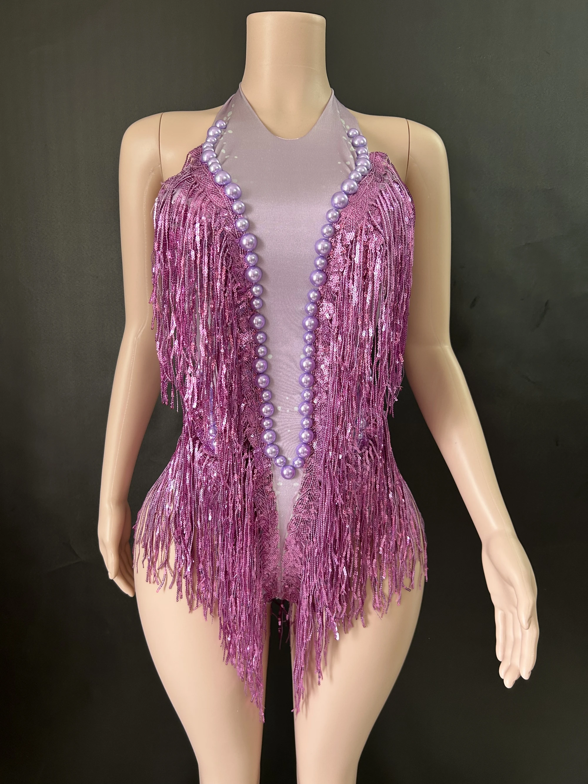 Sparkly Rhinestones Sequins Tassel LeotardWomen Nightclub Outfit Singer Dancer CostumeStage Wear Sexy Performance Bodysuit  7G