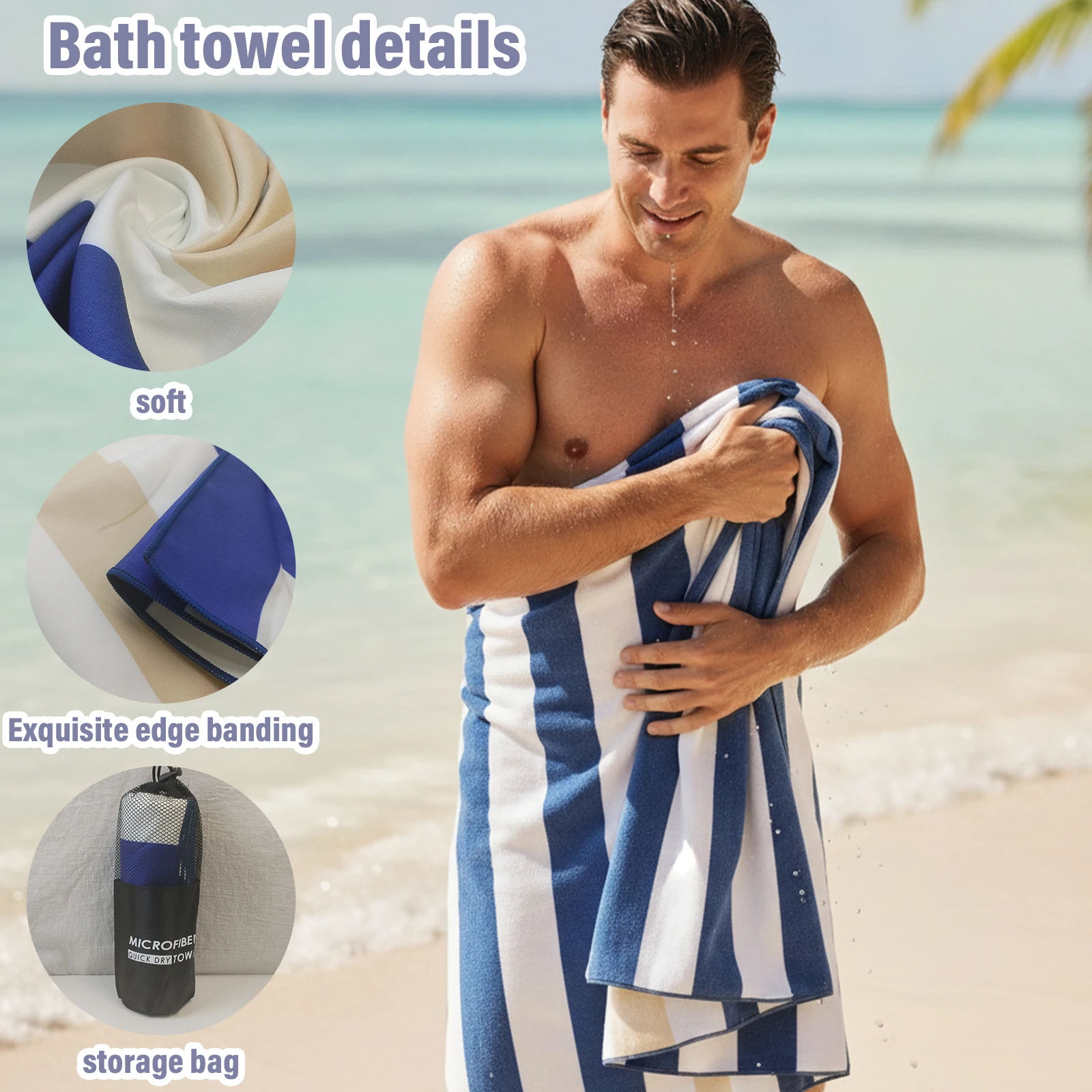 Striped Microfiber Beach Towel 90×180cm Sand Proof Quick Dry Large Bath Towel with Storage Bag for Pool Seaside Travel
