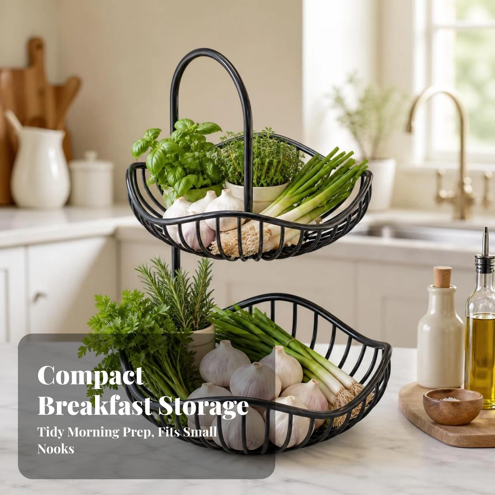 2-Tier Fruit Basket Kitchen 2-Tier Basket with Handle Storage Rack Multifunctional Holder Metal
