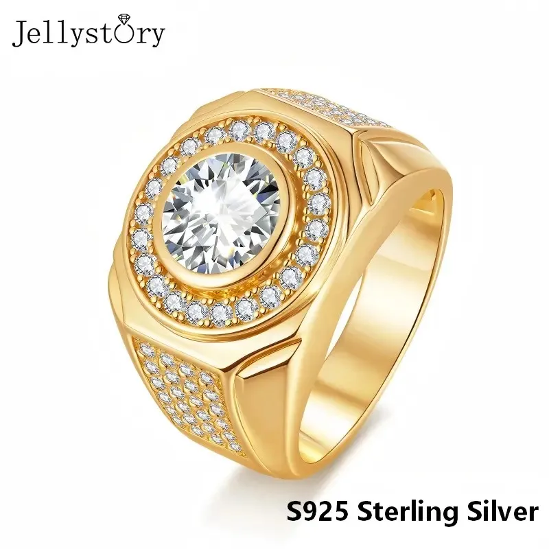 JellyStory Classic Non-Fading Ring for Men 2 Carat Round Moissanite in Platinum 925 Silver, Durable and Stylish Band