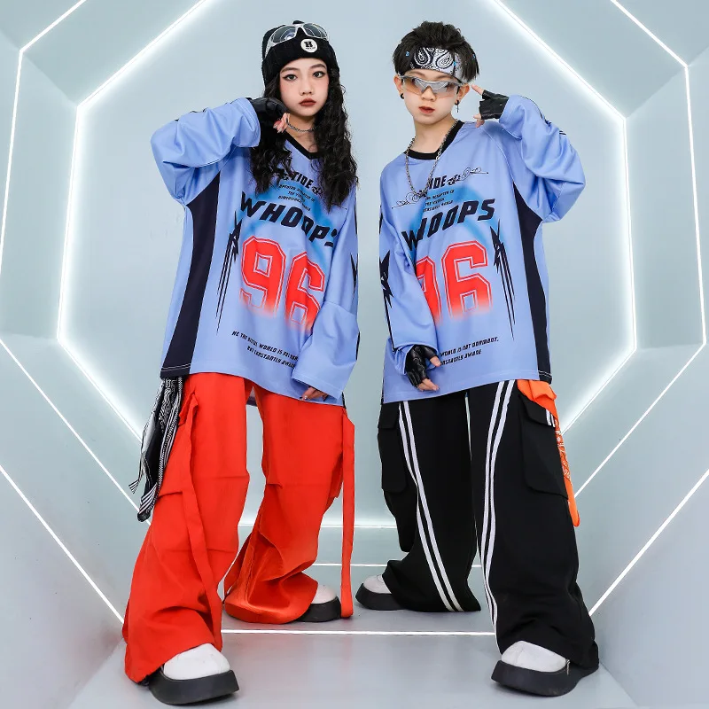 Kid Hip Hop Clothing Blue O Neck Letters Long Sleeve T Shirt Gray Casual Pocket Cargo Pants for Girl Boy Dance Costume Clothes