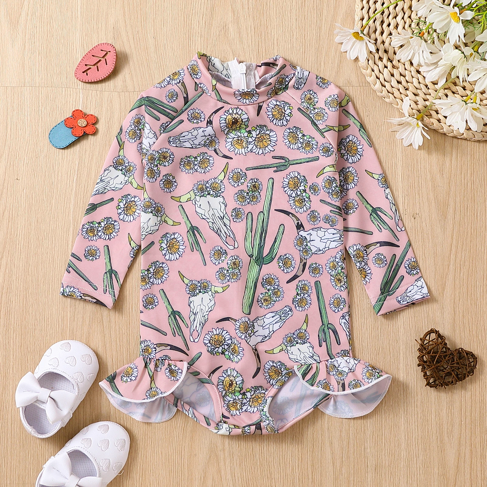 Baby Girl's Long Sleeve Onesie Style Triangle Swimsuit with Cactus Pattern Infant Swimwear