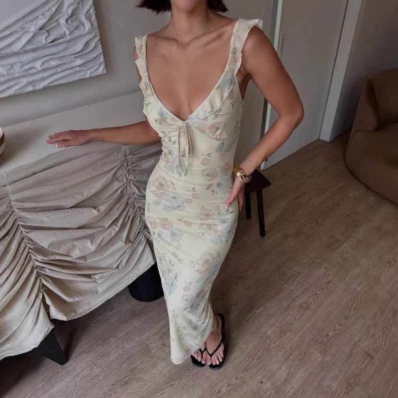 ชุดสตรี 2025 ดอกไม้Cami Slim Tieโบว์ลึกVคอBackless RuffleชุดBodyconยาวสําหรับเซ็กซี่ปาร์ตี้คลับวันหยุด