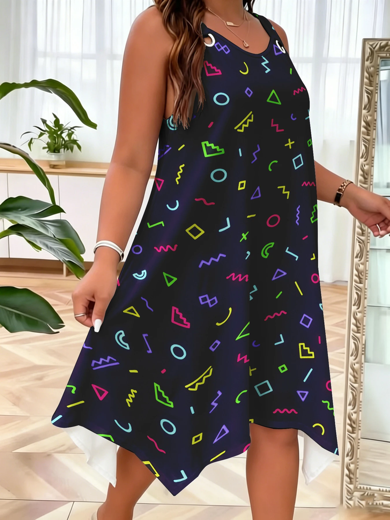 

Plus Size Women's Sleeveless Dress Geometric Print O Neck Irregular Hem Summer Casual Loose Tank Dress