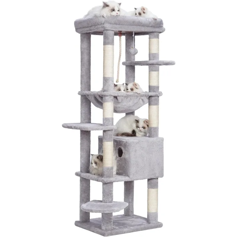 

Cat Tree for Large Indoor Cats, Multi-Level Condo with Big Padded Plush Perch, Cozy Basket HCT050W
