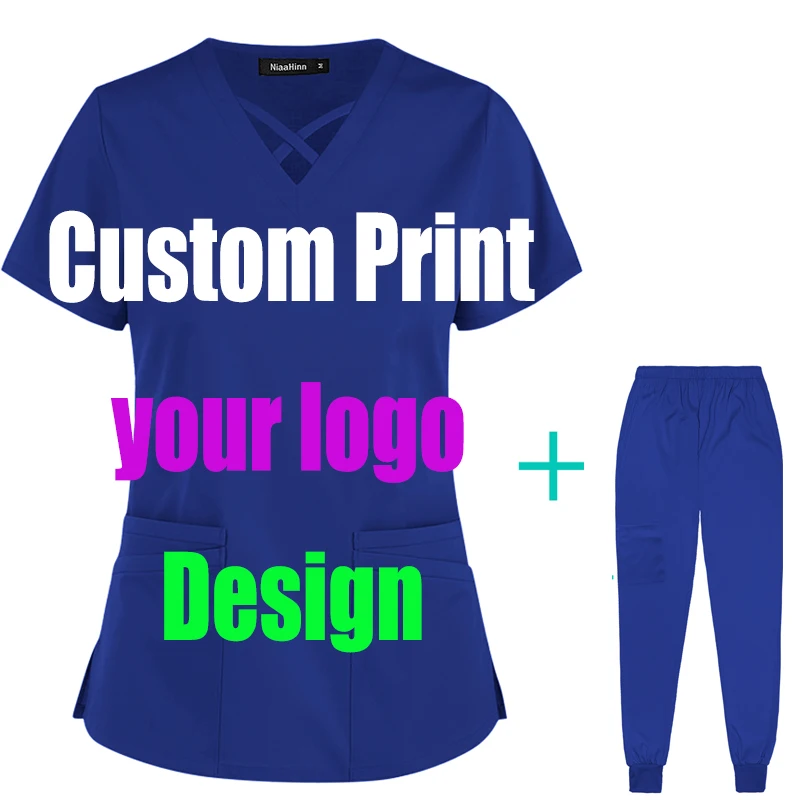 

Custom Print Logo Scrubs Sets Uniform Spa Pet Design Grooming Clothes Institution Medical Clinic Unisex Tops Work Suit Top Pant