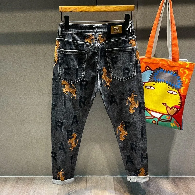 Men's Clothing Spring and Autumn high quality Embroidered Jeans Fashion Brand Handsome All-match Stretch Slim-fit Trousers