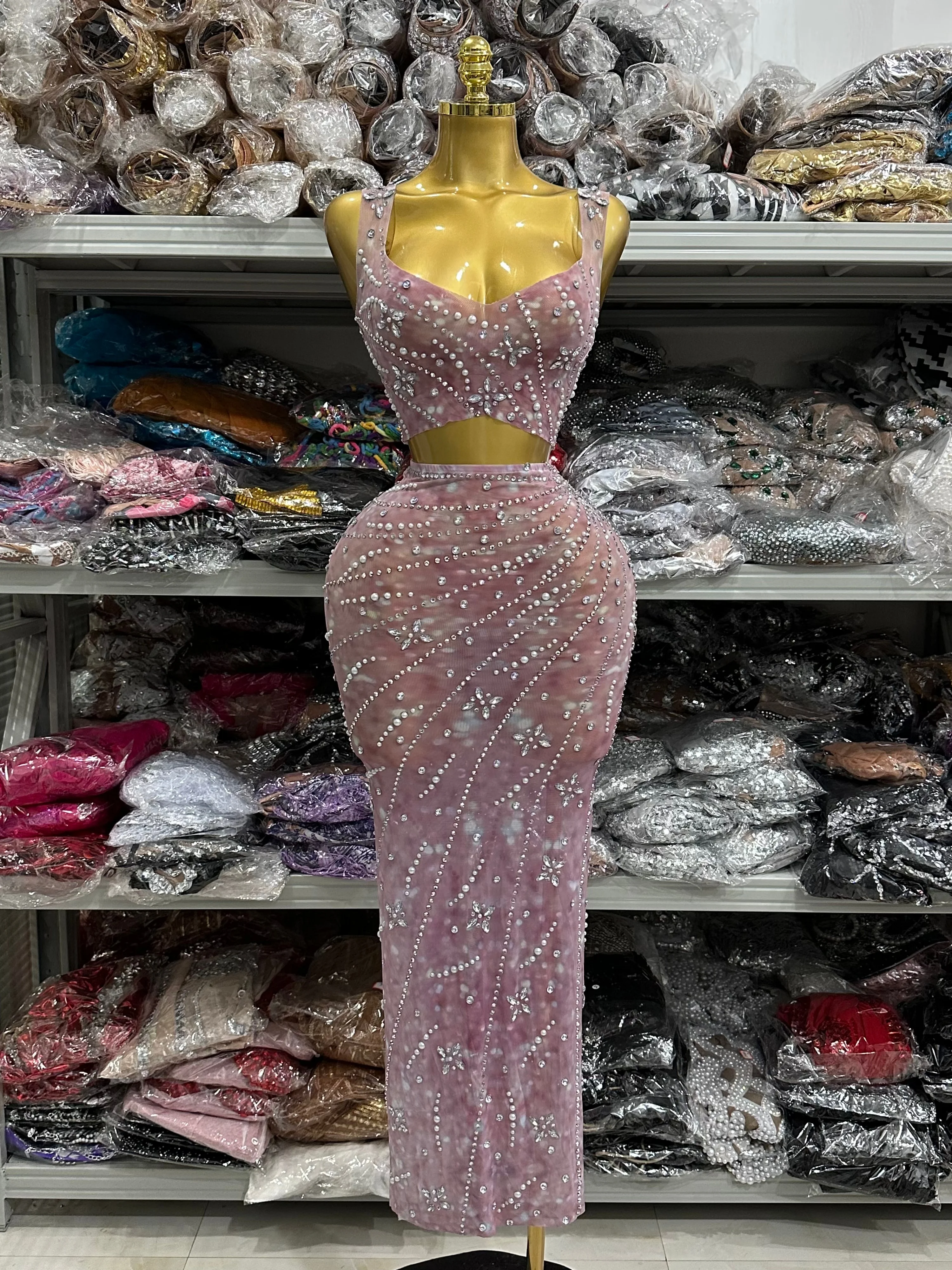 Pink Color Women Sleeveless Sexy 2 Pieces Mesh See Through Bodycon Long Dress Celebrate Evening Party Birthday Photoshoot Wear