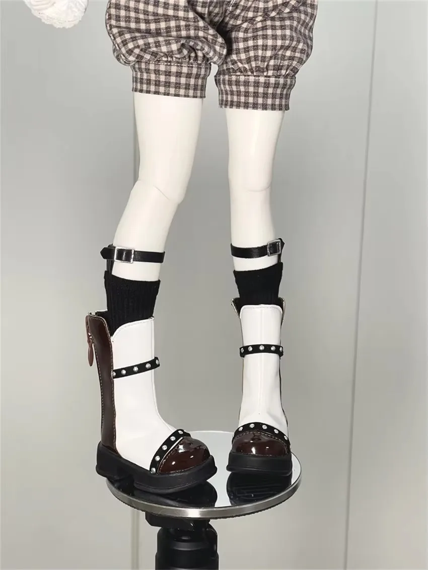 1/4 جولة تو أسود أبيض حذاء من الجلد BJD دمية الأحذية اللعب MSD الفتيات الجلود سميكة سوليد منصة مطابقة اللون إكسسوارات دمي