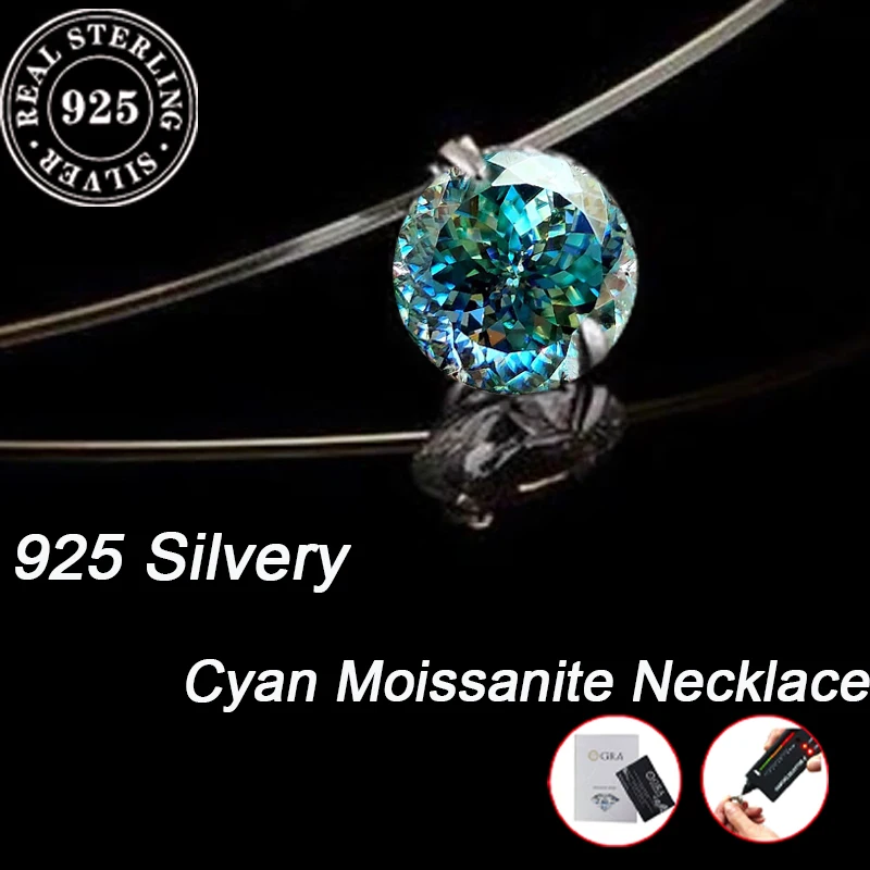 Portuguese cut Cyan  2.0 Carat Moissanite necklace with GRA Certification 925 Silver Round Engagement necklace for For Women
